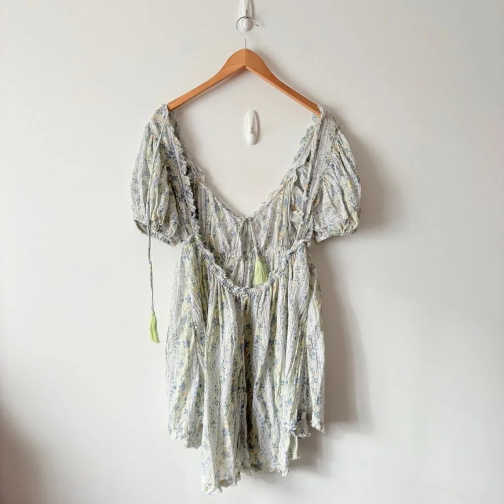 Free People Puff Sleeve Cotton Mini Dress Blue Green Floral Size Small - Picture 3 of 5